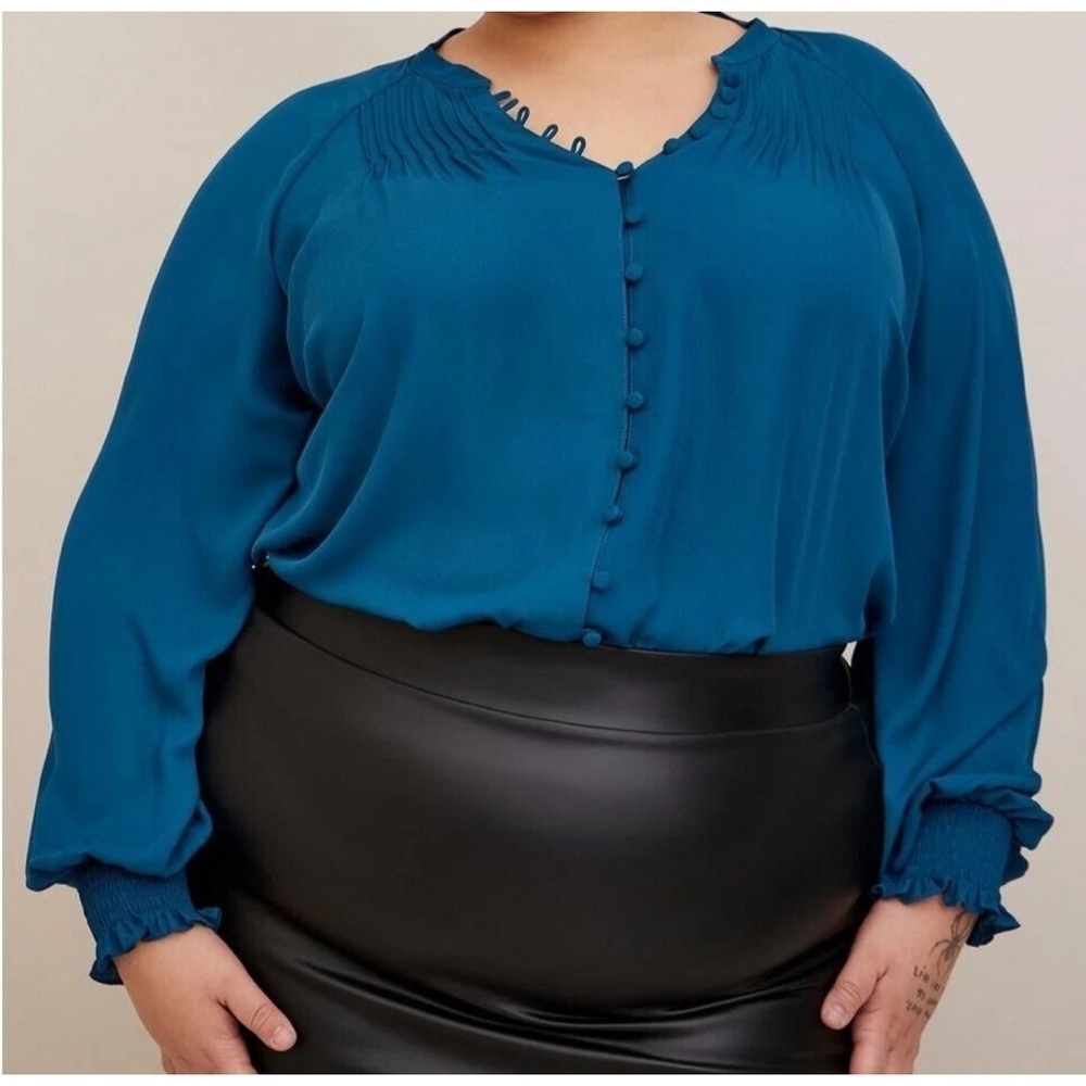 Torrid Georgette Smocked Blouson Sleeve Blouse Blue
